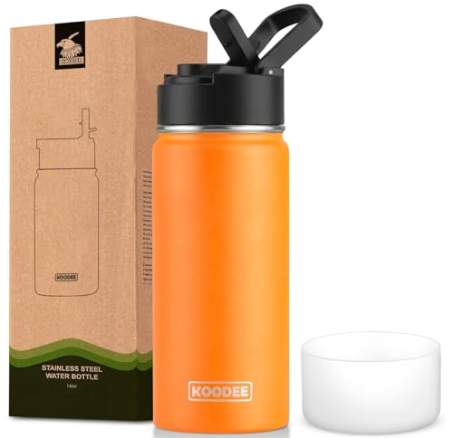 koodee Water Bottle with Straw-16 oz Stainless Steel Double Wall Vacuum Insulated Water Flask Metal Sports Water Bottle for School (Mango Yellow) - color: mango-yellow-A, size: 16 Ounces