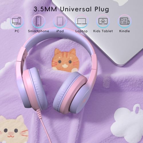 Candy Bila Kids Wired Headphones for Kids with Microphone, 85/94dB Volume Limiter Headphones for Girls Boys, Light Purple - color: Light Purple and Pink