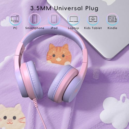 Candy Bila Kids Wired Headphones for Kids with Microphone, 85/94dB Volume Limiter Headphones for Girls Boys, Light Purple - color: Light Purple and Pink