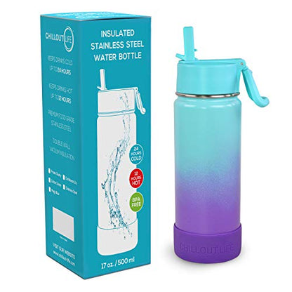 CHILLOUT LIFE 17oz Kids Insulated Stainless Steel Water Bottle with Leak Proof Straw Lid & 144 Stickers - color: Caribbean Lily, style: 17 oz