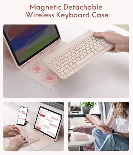CHESONA Compatible for iPad 11th(A16)/10th Generation Case with Keyboard | Detachable Wireless Keyboard, Stand Folio Keyboard Cover with Pencil Holder, Thin & Light, Pale Pink - color: Pale Pink