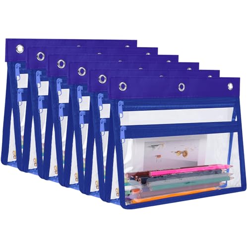 YoeeJob 6 Pack Zipper Pencil Pouches for 3 Ring Binder, 1.5 Inch Expandable with 2 Pockets and Clear Window for School and Office （Blue） - color: Blue, size: 6 Packs