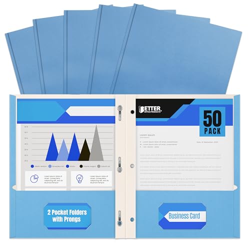 Better Office Products Light Blue Paper 2 Pocket Folders with Prongs, 50 Pack, Matte Texture, Letter Size Paper Folders, 50 Pack, with 3 Metal Prong Fastener Clips, Light Blue - color: Light Blue