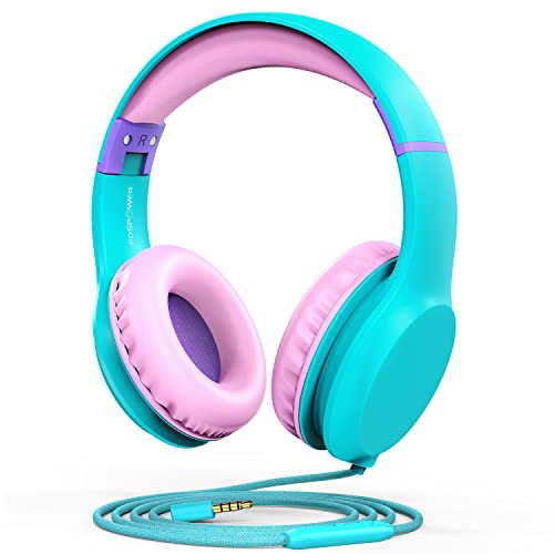 FosPower Kids Headphones with 3.5mm Laced Cables, Children & Teens Over The Ear Foldable Adjustable Headset w/Built-in Mic for Smartphones/PC/Tablet/Laptop/School (Max Volume 85dB) - Mint/Pink - color: 07 - Mint/Pink