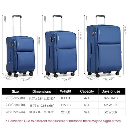 Hanke 24 Inch Luggage Expandable Softside Checked Suitcases with Spinner Wheels, Upright Rolling Luggage Suitcases Travel TSA Luggage Bag for Women Men(Blue) - color: Blue, size: 24 Inch Checked in