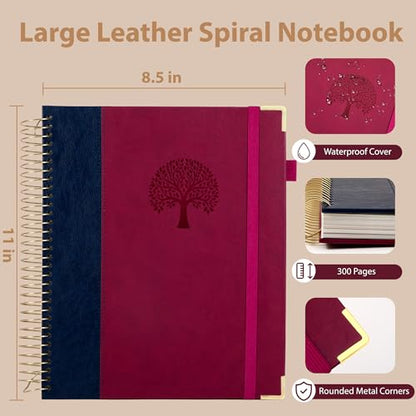 Yoment Hardcover Spiral Notebook 8.5" x 11" Leather 5 Subject Notebook College Ruled with Dividers Tabs 300 Pages Large Spiral Journal Notebooks for Work School Note-Taking Business, Burgundy - color: Burgundy