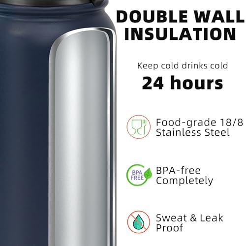 Fanhaw 24 oz Insulated Stainless Steel Water Bottle with Anti-Dust Chug Lid, Leakproof Vacuum Metal Everyday Use Bottle for Kids, Teens & Adults, Back to School Essentials (Navy Blue) - color: Navy Blue, style: 24 Ounces