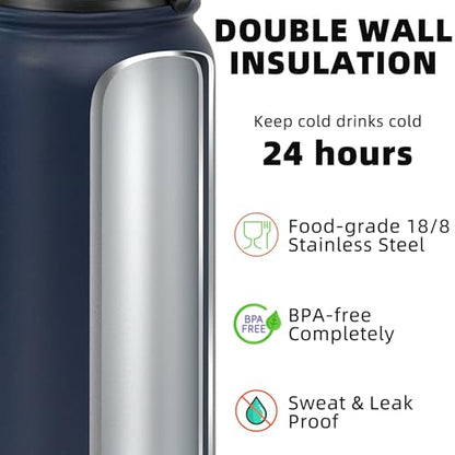 Fanhaw 24 oz Insulated Stainless Steel Water Bottle with Anti-Dust Chug Lid, Leakproof Vacuum Metal Everyday Use Bottle for Kids, Teens & Adults, Back to School Essentials (Navy Blue) - color: Navy Blue, style: 24 Ounces