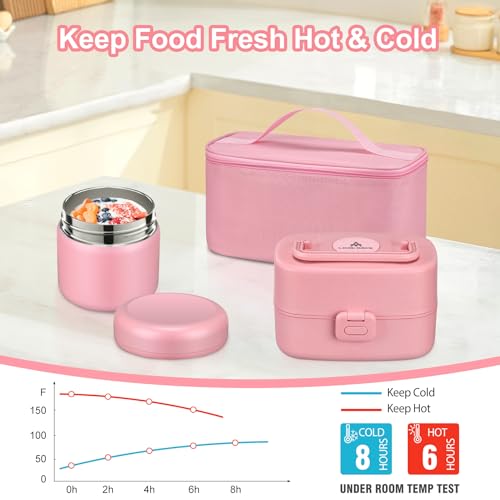 Pawtong Bento Lunch Box with 8oz Soup Thermo, Kids Sustainable Bento Box Leakproof Lunch Food Containers with Lunch Bag, Kids Thermo Insulated Hot Food Jar for School, Trvael (Pink) - color: Pink