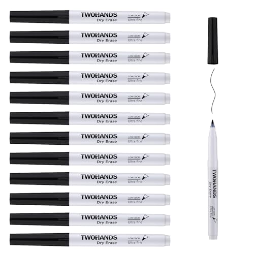 TWOHANDS Dry Erase Markers Ultra Fine Tip Black,Extra Fine Point 0.7mm,Low Odor,Whiteboard Markers for Office,Home,or Planning Whiteboard,12 Count,20574 - style: Black