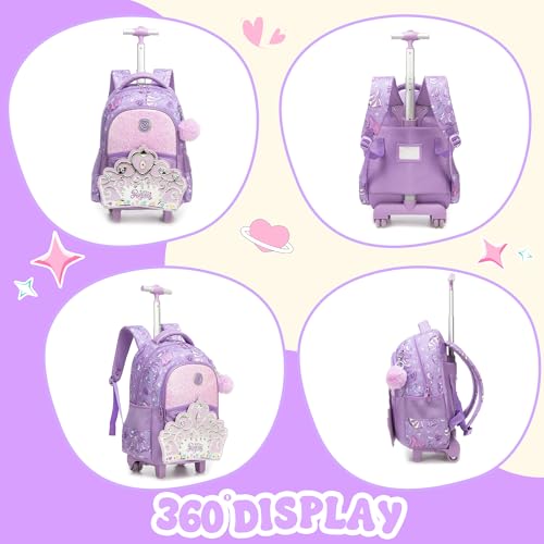 Rolling Backpack for Girls Rolling Bag Kids Rolling Suitcase with Lunch Box Pencil Case for Elementary Student Travel Luggage Girls - color: zihuangguan
