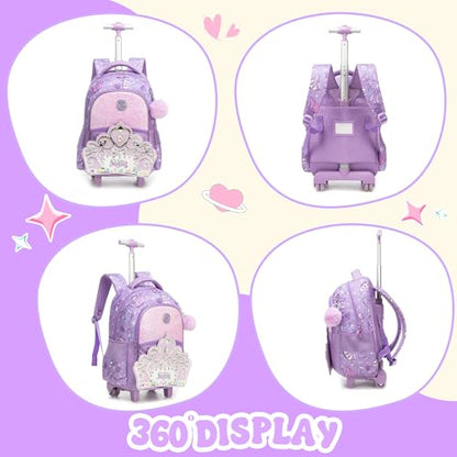 Rolling Backpack for Girls Rolling Bag Kids Rolling Suitcase with Lunch Box Pencil Case for Elementary Student Travel Luggage Girls - color: zihuangguan