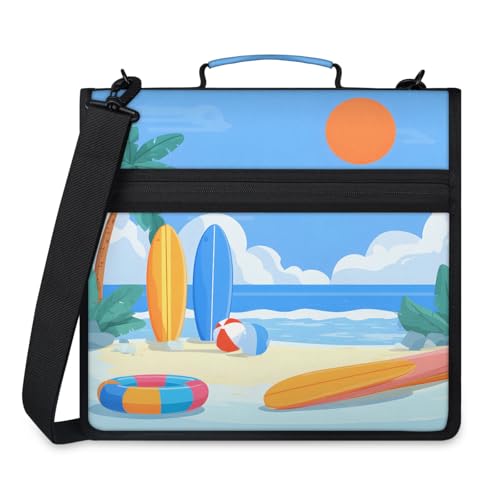 Summer Sea Coastal Zipper Binder, 3 D-Ring Expanding File Folder with Handle & Adjustable Shoulder Strap, 400 Sheets Capacity Multi-Pocket Organizer for 13 Inch Laptop - color: Summer Sea Coastal
