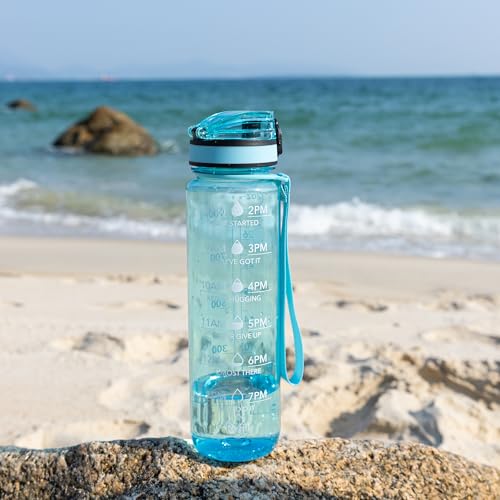 OLDLEY Water Bottle, 32oz Motivational Sports Water Bottle with Time Marker - Times to Drink - Tritan, BPA Free, Wide Mouth Leakproof,Surfer - color: Surfer