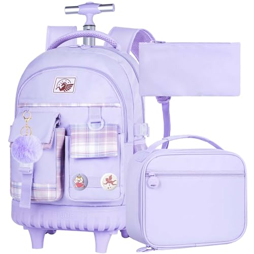 gxtvo 3PCS Girls Rolling Backpack, Women Roller Bookbag with Lunch Box for Adults, Water Resistant Wheeled School Bag for College Teens Kids Travel - Purple - color: 3pcs Set Purple