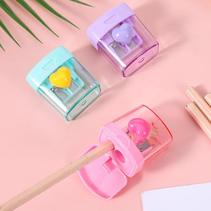 3 PCS Heart Pencil Sharpener, Colorful Dual Holes Pencil Sharpener with Lid Handheld Small Manual Crayon Sharpeners for Home and Office (Green, Purple, Pink)