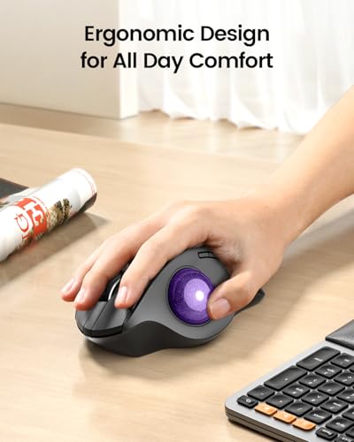 ProtoArc Wireless Trackball Mouse, EM01 NL Ergonomic Bluetooth Rollerball Thumb Rechargeable Computer Laptop Mouse, Adjustable Angle & 3 Device Connection for PC, Mac, Windows-Purple Ball - color: Purple Ball