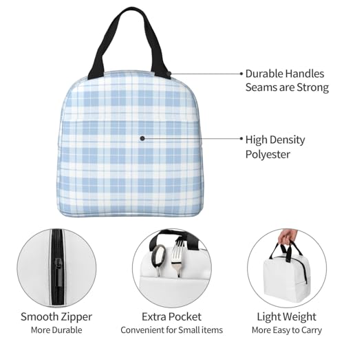 Lunch Bag Plaid Pastel Blue White Insulated Lunch Box Reusable Cooler Tote for Adults Student Girl Boy Work Office School Picnic Over 3 Years Old - color: B0386
