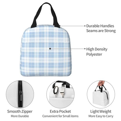 Lunch Bag Plaid Pastel Blue White Insulated Lunch Box Reusable Cooler Tote for Adults Student Girl Boy Work Office School Picnic Over 3 Years Old - color: B0386