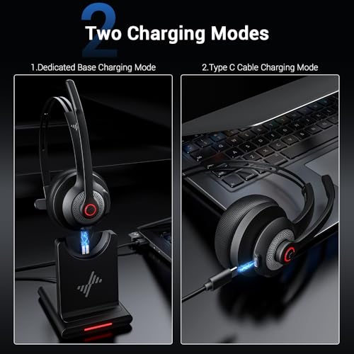 JIAMQISHI Bluetooth Headset - Wireless Headset with Noise Cancelling Microphone, V5.2 Computer Headphones with USB Dongle, Charging Base & Mic Mute for Work/Call Center/PC/Laptop/Online Class/Zoom - color: Black