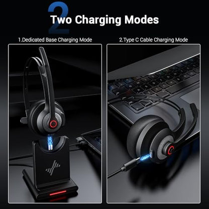 JIAMQISHI Bluetooth Headset - Wireless Headset with Noise Cancelling Microphone, V5.2 Computer Headphones with USB Dongle, Charging Base & Mic Mute for Work/Call Center/PC/Laptop/Online Class/Zoom - color: Black