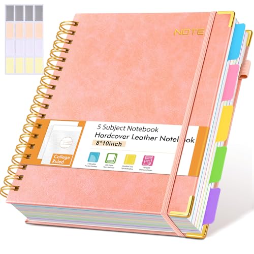 Hardcover Large Spiral Notebook journal with Removable Dividers Tabs, 300 pages Leather 5 Subject Notebook College Ruled, 8" x 10"Journal for Women Men, Notebooks for Work School Note taking,B5 Pink - color: Pink, size: B5（8" x 10"）
