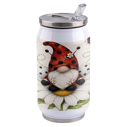 T&H XHome Gnome Ladybugs 14oz Stainless Steel Tumbler with Lid & Straw-Double Wall Vacuum Insulated Travel Mug Daisy Polka Dots Water Bottle Coffee Beverage Drinks Cup - size: 14 Ounces