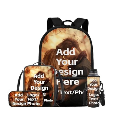Customized Backpack for Girls Boys Backpack with Lunch Box Water Bottle Holder with Strap and Zipper Pencil Case 4PCS Set Bookbag with Front Pocket for School Teens 17 inch Sturdy School Bag - color: Customized