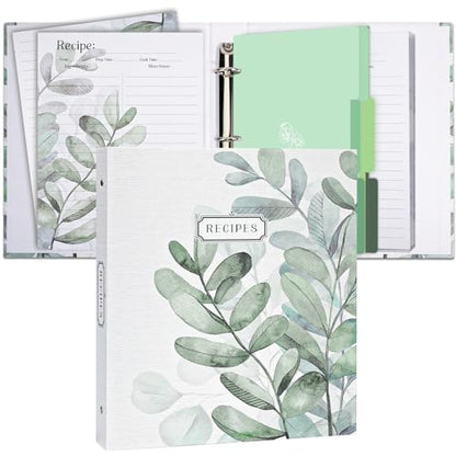 3 Ring Binder - 8.5x11, Full Page Recipe Binder Organizer Set with 25 Recipe Cards & 6 Divider Pages - color: Leaves, size: Large