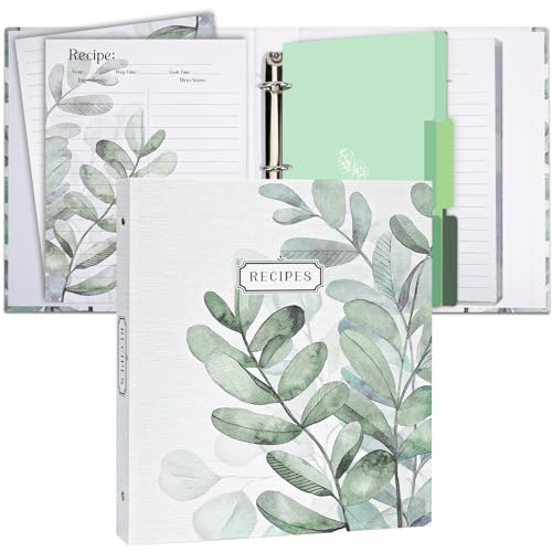 3 Ring Binder - 8.5x11, Full Page Recipe Binder Organizer Set with 25 Recipe Cards & 6 Divider Pages - color: Leaves, size: Large