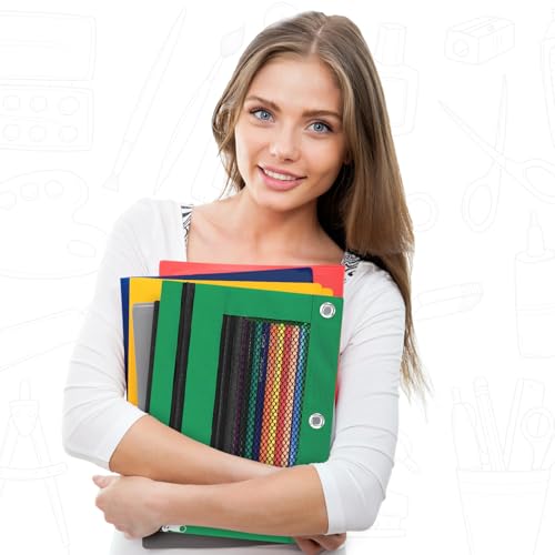 Pencil Pouch for 3 Ring Binder - 3 Hole Zipper Pen Case Bag Holder Bulk Accessories Clear Window Aesthetic Organizer Pockets - color: Green