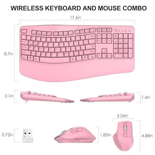 Wireless Keyboard and Mouse Combo, 2.4G Full Size Wave Keys Ergonomic Keyboard with Wrist Rest and 3-Level DPI Adjustable Wireless Ergonomic Mouse for Windows, Mac OS Desktop/Laptop/PC(Pink) - color: Pink