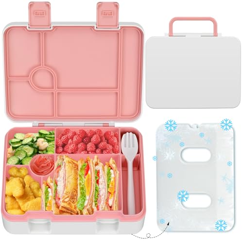 Kids Bento Lunch Box with Ice Pack, 5 Compartments Leak-Proof Bento Box with Utensils, 5.5-Cup Capacity for Adults & Ages 8+, BPA Free, Microwave & Dishwasher Safe, Pink - color: Pink