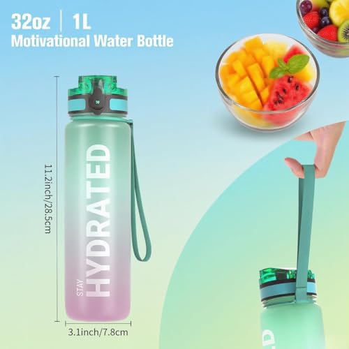 32oz Water Bottle with Time Marker, Leakproof & Motivational Gradient Design, BPA Free, Wide Mouth with Easy Clean Brush for Gym, Travel, Home & Office (Gradient Green-Pruple) - color: Green+Pruple