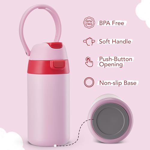 Fijinhom 12 oz Toddler Water Bottle with 2-in-1 Lid, 304 Stainless Steel Insulated Bottle, Kids Water Bottle for School Boys Girls, Leak-Proof Great for Sport, Travel & Gift, - color: Pink