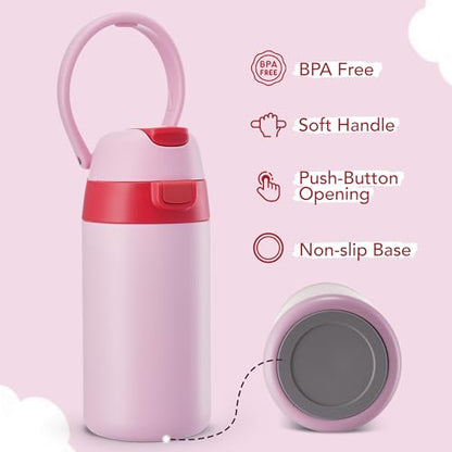 Fijinhom 12 oz Toddler Water Bottle with 2-in-1 Lid, 304 Stainless Steel Insulated Bottle, Kids Water Bottle for School Boys Girls, Leak-Proof Great for Sport, Travel & Gift, - color: Pink