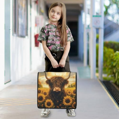 3 Ring Zipper Binder Sunflower Highland Cow Binders Bag with Shoulder Strap 500 Sheets Paper Organizer Trapper Keeper Documents Storage File Folder for School Office - color: A1188