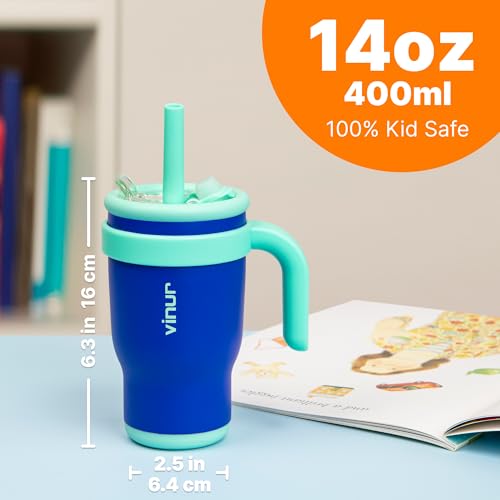 VINUR 14 oz Kids Tumbler with Handle and Straw Lid-2 Pack Stainless Steel Insulated Tumbler Travel Cup with Rubber Base|Drop and Leak Resistant |Cup Holder Friendly (Rose Pink-Navy) - color: Rose Pink-Navy, size: 14 Ounces