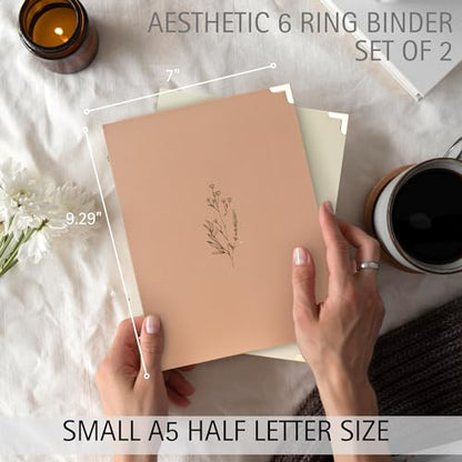 Aesthetic 6 Ring A5 Binder Set of 2 - The Perfect Small 0.75 Inch Planner Binder for Journaling or Collections - Refillable Notebook Holder with Pocket - color: Beige-pink