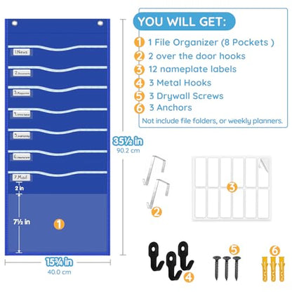 ALSLEA 15" Extra Wide Hanging File Organizer with 8 Pockets - Heavy Duty Classroom Pocket Chart, Wall Mounted Document Organizer with Writable Clear Pocket, 5 Wall/ Door Hooks & 12 Labels (Blue) - size: 8 Pockets Blue