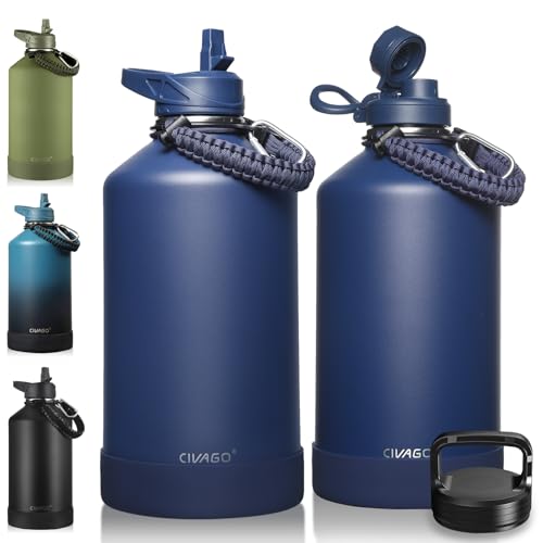 CIVAGO Gallon Insulated Water Bottle Jug with Straw, 128 oz Large Stainless Steel Water Flask, Big Metal Thermal Mug with 3 Lids for Sports, Travel, Gym, and Camping, Navy Blue - color: .Navy Blue, size: 128 Ounces