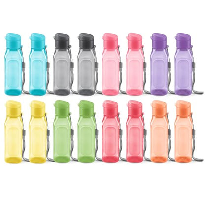 Bulk Set of 16 Multicolor 10oz Water Bottles for Kids and Adults - Leak Proof With Carry Strap - Square Reusable for Juice, Drinks - BPA-Free Dishwasher-Safe - color: 16 pack combo