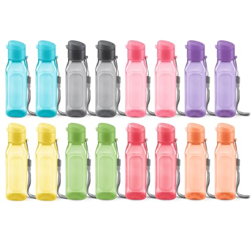 Bulk Set of 16 Multicolor 10oz Water Bottles for Kids and Adults - Leak Proof With Carry Strap - Square Reusable for Juice, Drinks - BPA-Free Dishwasher-Safe - color: 16 pack combo
