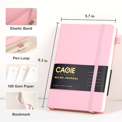 CAGIE Pink Journal Notebook for Women, 320 Pages College Ruled Notebook, 100 Gsm Paper Thick Lined Journal, A5 Hardcover Leather Journals for Writing, 5.7x8.3 In - color: Pink, style: Lined A5