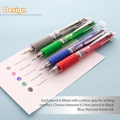 BAZIC PRODUCTS 2-in-1 Mechanical Pencil & 4-Color Pen, Bold, 4-Set | barrel: 4-color ballpoint pen plus 0.7 mm mechanical pencil, 1.0 mm bold ink, cushion grip, refillable