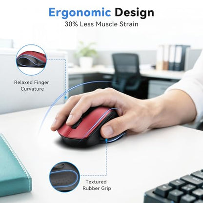 TECKNET Wireless Mouse for Laptop, (BT5.2/3.0 & 2.4G) Bluetooth Wireless Mouse, Silent Click, 5-Level Adjustable DPI, Ergonomic Portable Computer Mice for Laptop, PC, MacBook, Chromebook - color: Red