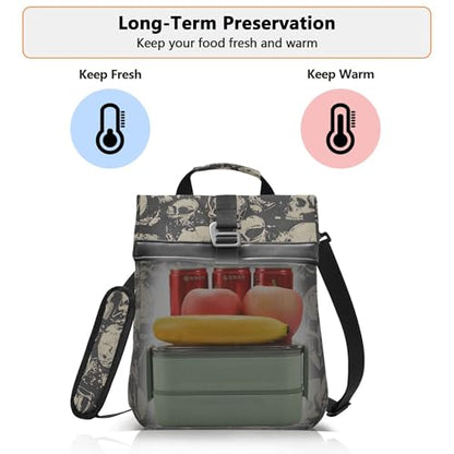 MNSRUU Insulated Lunch Bags Women Men, Grunge Skulls Portable Reusable Thermal Meal Tote Cooler Bag Organizer, Adjustable Shoulder Strap, Handle - color: Skulls 021