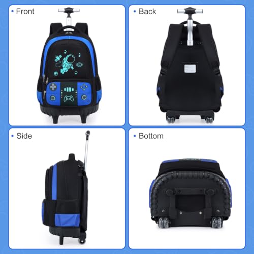 Bevalsa Rolling Backpack for Boys,Cool Luminous Gamer Roller School Backpacks with Lunch Box & Pencil Case,Kids Wheeled Schoolbag Bookbag with Wheels for Kindergarten Elementary School Travel - color: Blue Astronaut