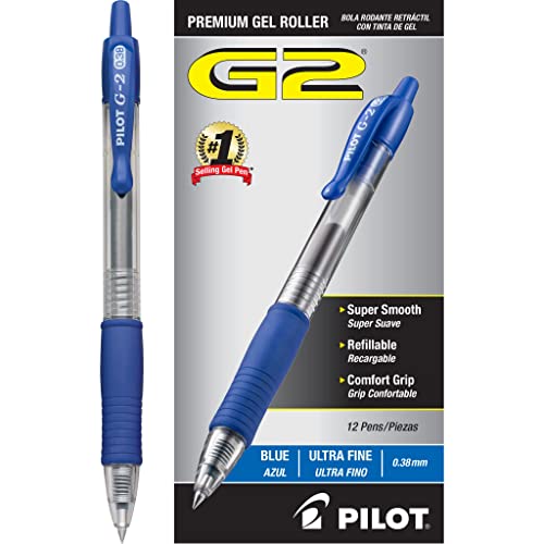 Pilot G2 Premium Refillable and Retractable Rolling Ball Gel Pens, Ultra Fine Point, Gel Ink Pens, 0.38mm, Blue Ink, 12-Pack - color: Blue Ink, size: 12 Count (Pack of 1)