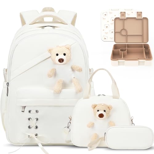 ACESAK Backpack for Girls with Bento Box - 4 PCS Cute Girls Backpack with Lunch Box, Pencil Case & Bento Box Set - 43oz Leakproof Lunch Box Kids Snack Containers Set Back to School Supplies (Beige) - color: Beige